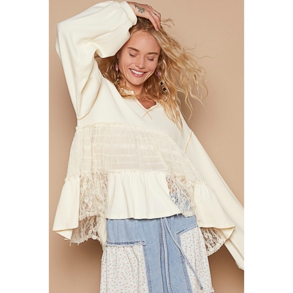 POL Cream Lace Pieced Long Sleeve Shirred Waffle Top Relaxed Fit